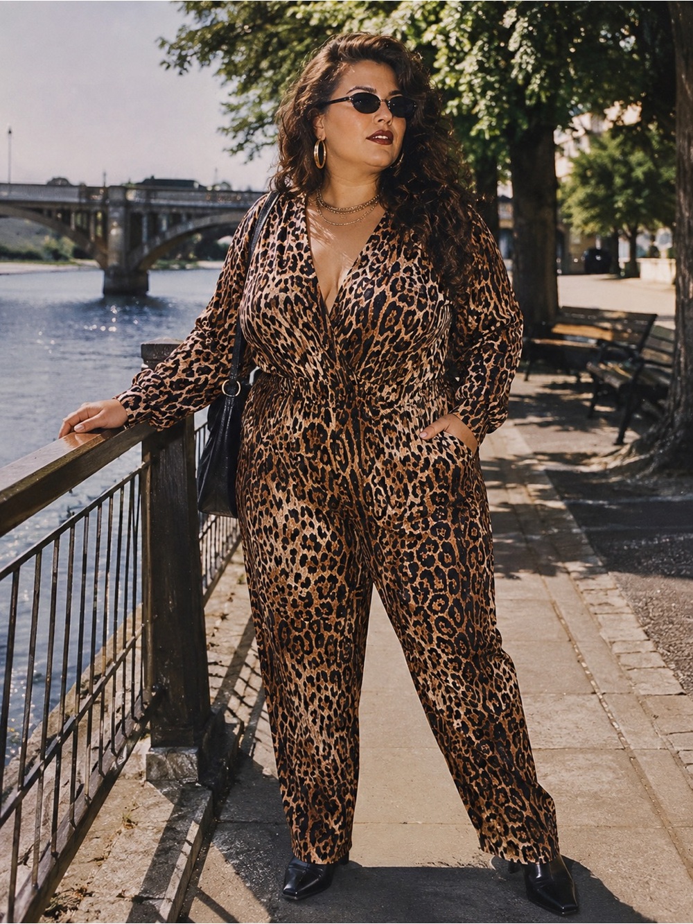 Curvy Scoop Leopard Print Jumpsuit - Brown and Black